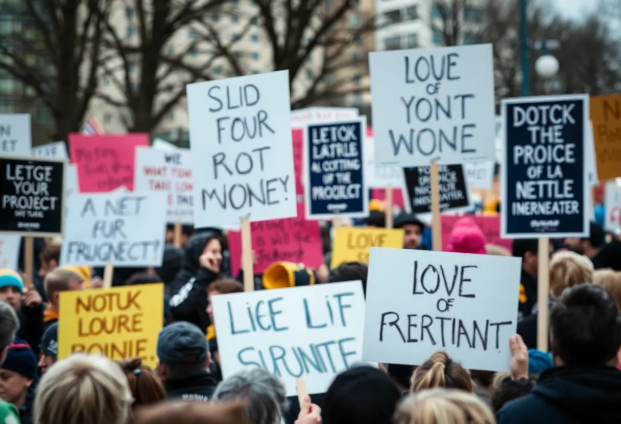 Abstract artwork depicting a lively protest with diverse signs and expressions.