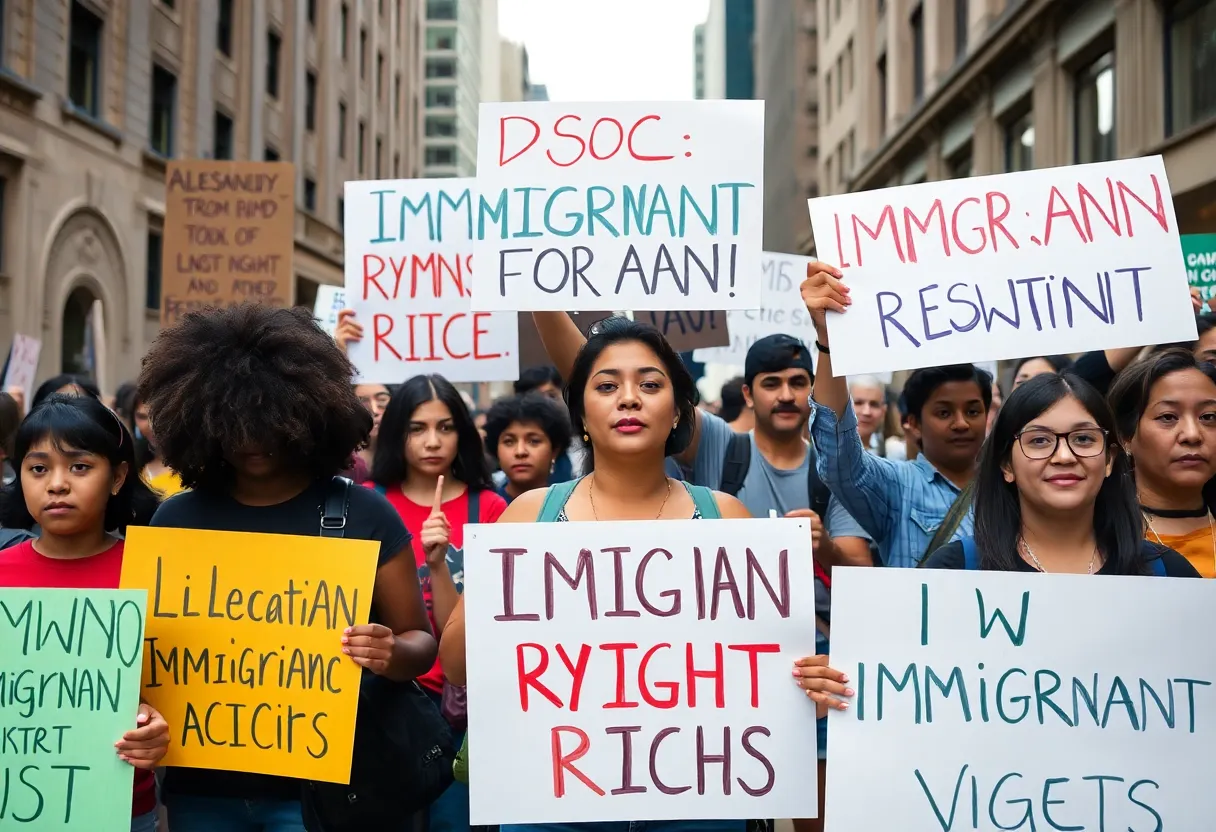 Demonstrators holding signs demanding immigrant rights and justice