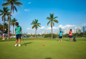 Young golfers practicing at an urban public golf course
