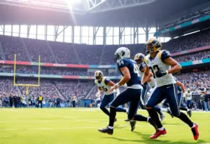 Football players from Rams and Jaguars competing at Wembley Stadium