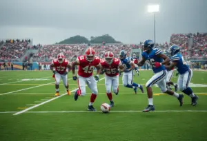 Action scene from NFL Rams vs Ravens game