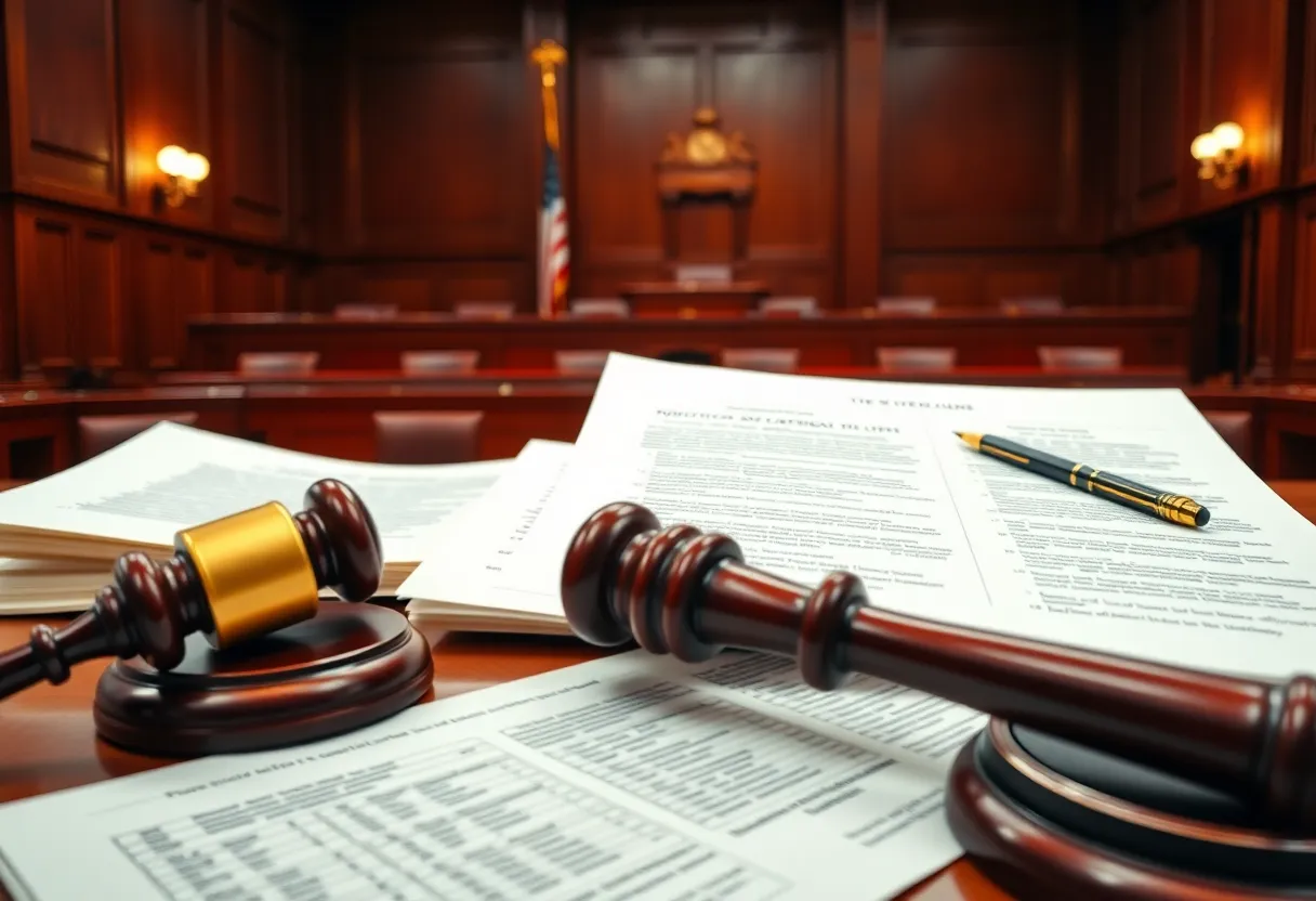 Interior of Rhode Island federal courthouse depicting a legal battle atmosphere.