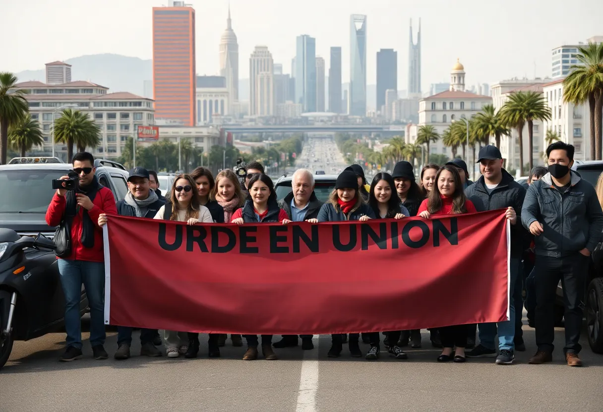 Rideshare drivers rallying for union rights in California.