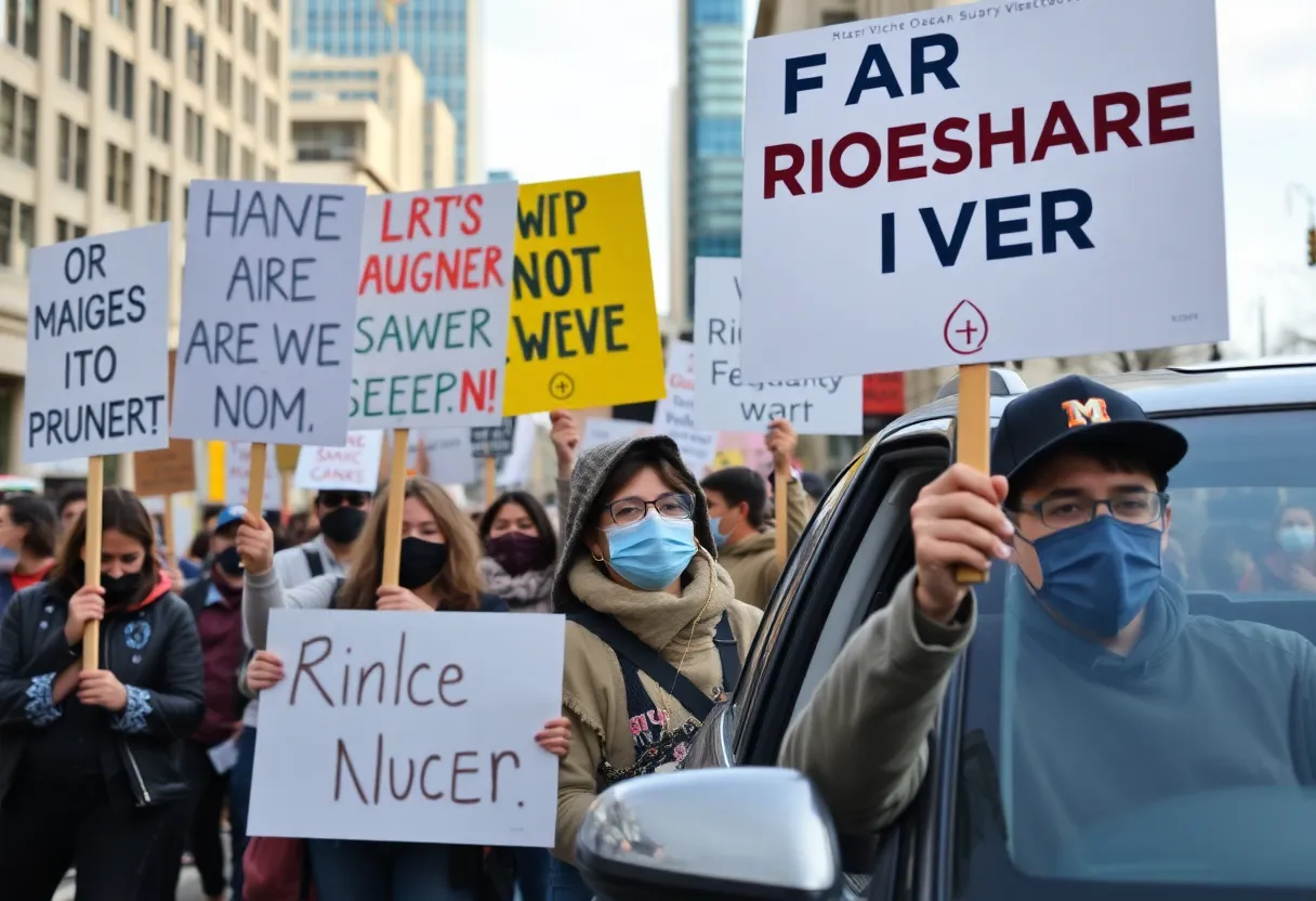 Rideshare drivers holding signs at a protest for better wages and work conditions