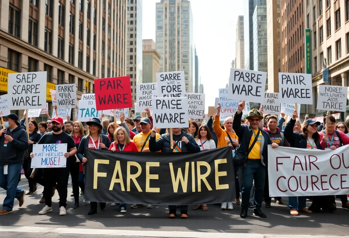 Rideshare drivers holding signs advocating for fair wages in California.
