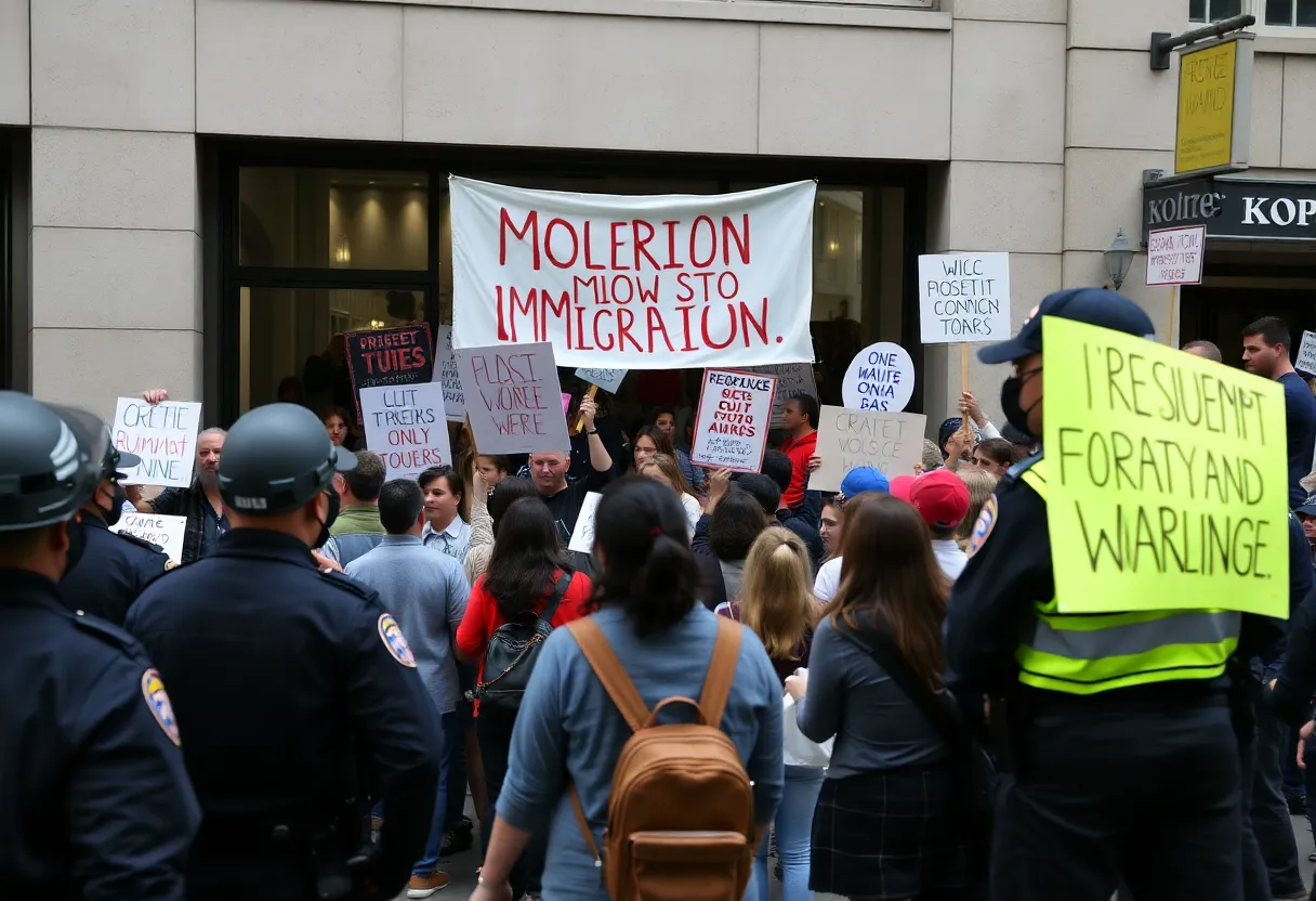 Protesters demonstrating for immigrant rights outside a storefront.