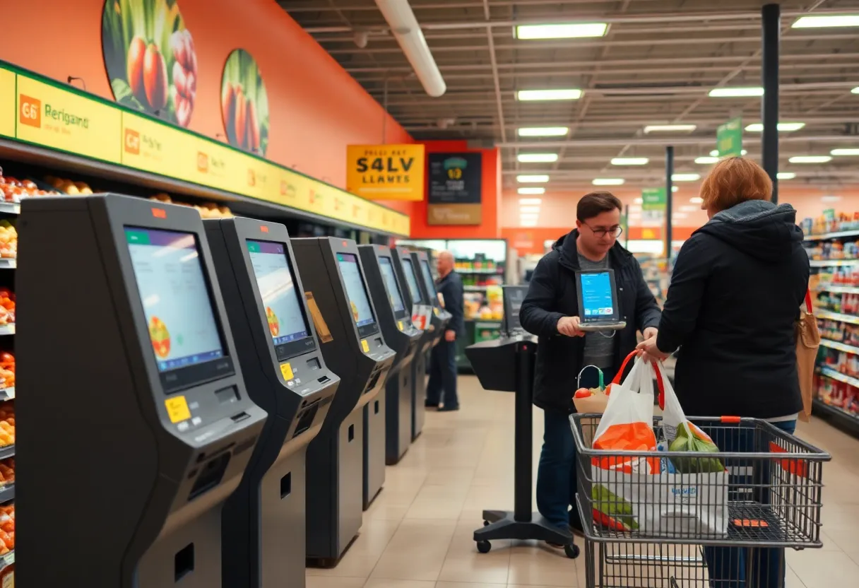 A grocery store illustrating self-checkout stations with item limit signs.