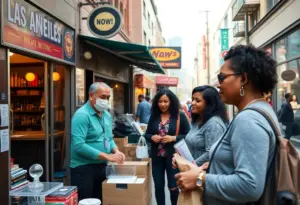 Small business owners in downtown Los Angeles discussing support and resources.