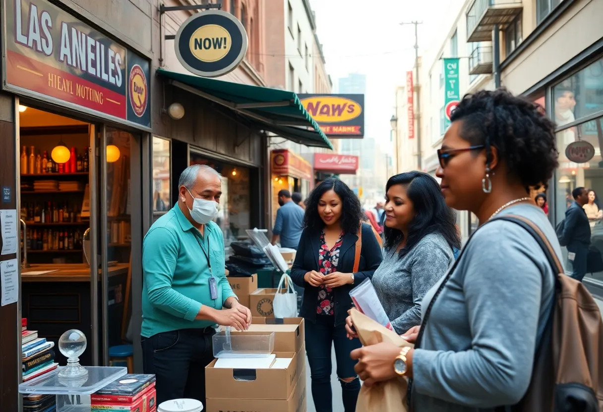 Small business owners in downtown Los Angeles discussing support and resources.