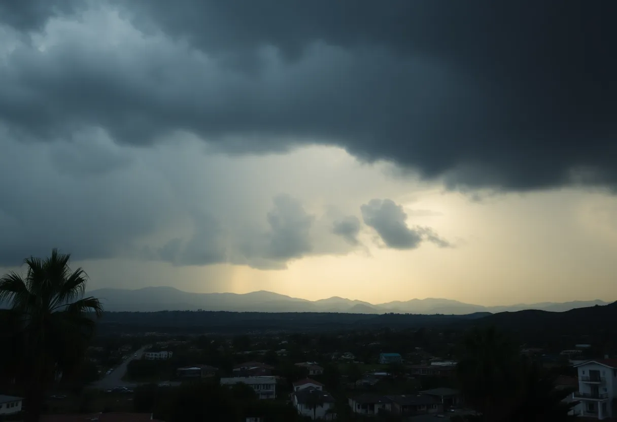 Dramatic clouds over Southern California with palm trees in the foreground