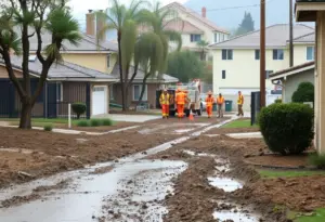 Emergency responders working in a Southern California neighborhood affected by rain and mudslides.