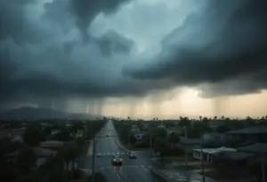 Storm clouds gathering over Southern California city with rain