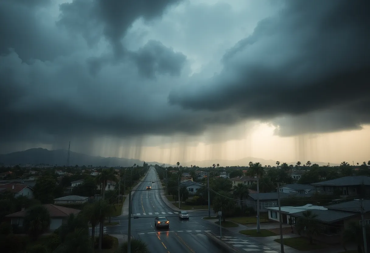 Storm clouds gathering over Southern California city with rain