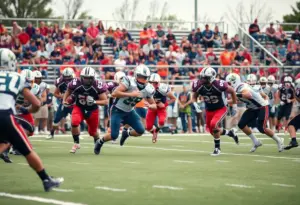 High school football players in action during a game in Southland