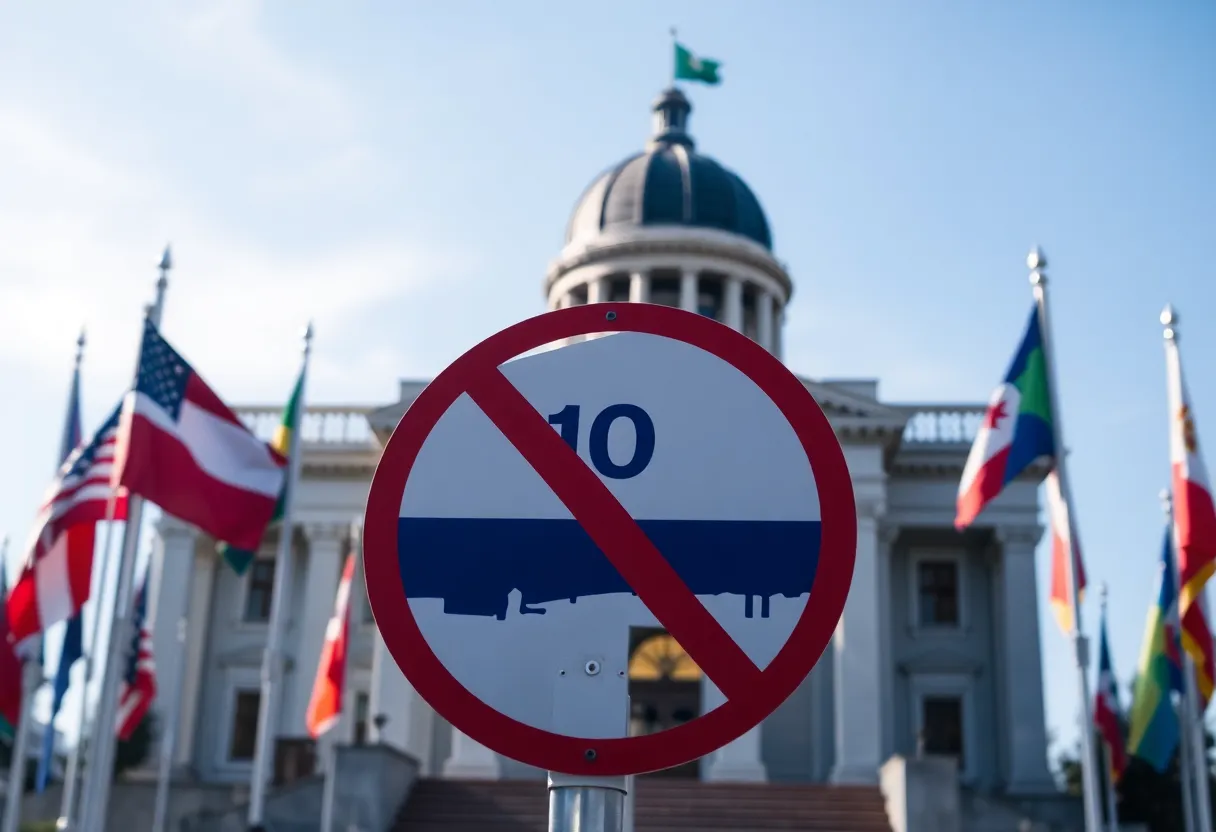 Symbolic image of government building with no entry sign