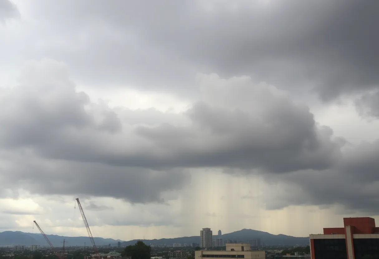 Dark storm clouds over the city of Los Angeles with rain pouring down.
