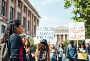 Students on university campus protesting against the new academic compact.