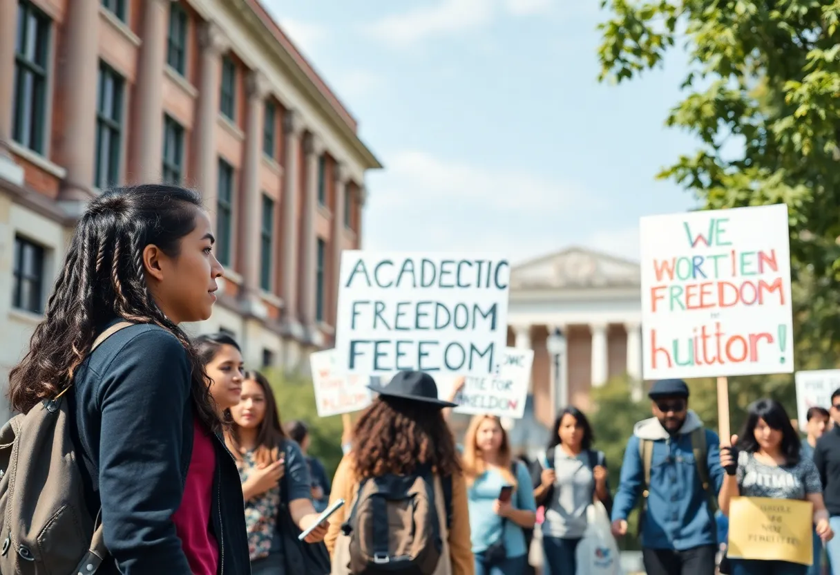 Students on university campus protesting against the new academic compact.