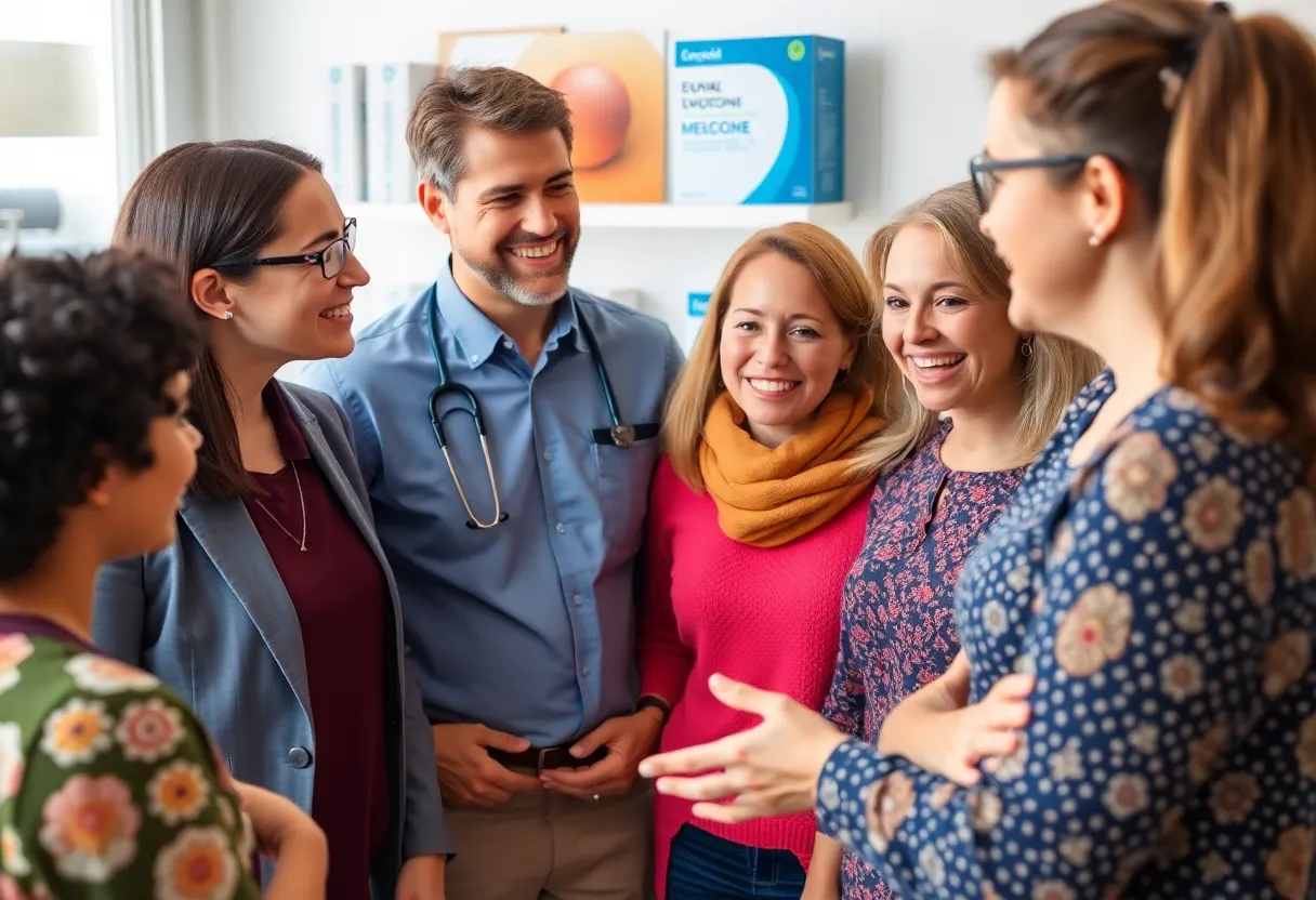 A doctor explaining oral obesity treatment SYNT-101 to patients.