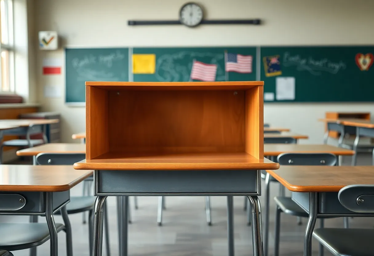 An empty teacher's desk in a high school classroom