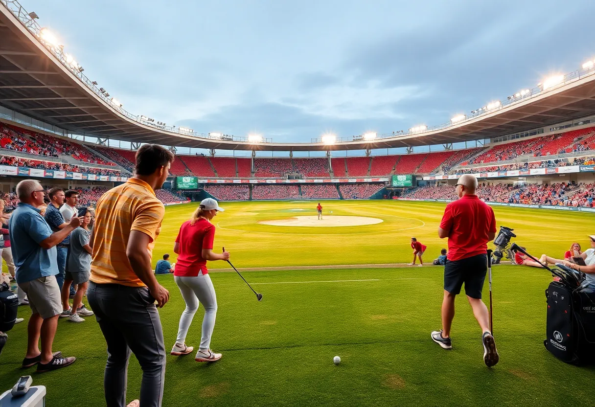 Team golf match in progress with enthusiastic audience and players.