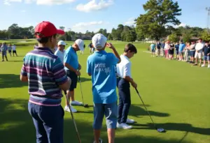 Young golfers training in support of Tiger Woods at a Los Angeles golf course