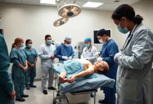 Surgical training session using cadavers in a medical education setting.