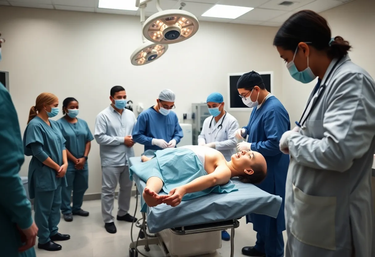 Surgical training session using cadavers in a medical education setting.