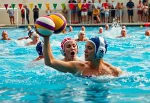 UCLA Men's Water Polo team playing against LMU in a pool.