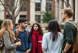 Students discussing on a university campus about free speech and academic freedom.