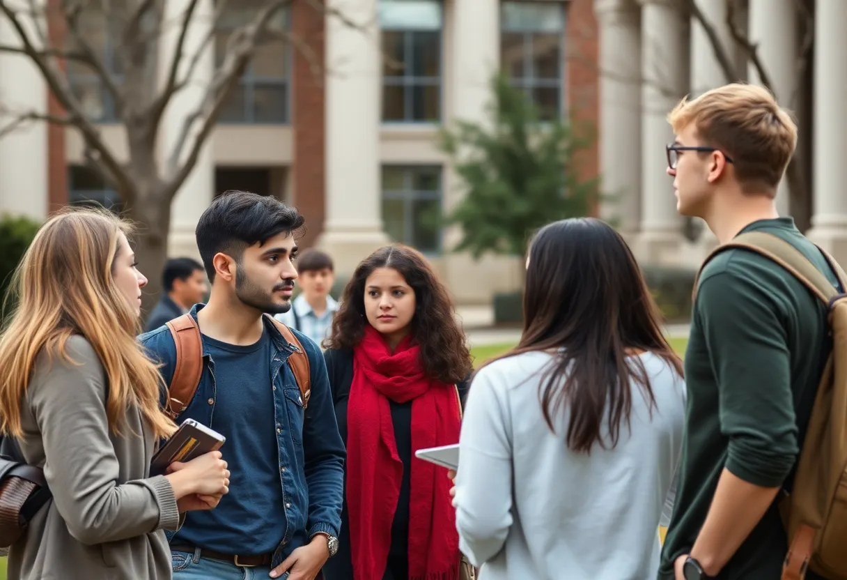 Students discussing on a university campus about free speech and academic freedom.