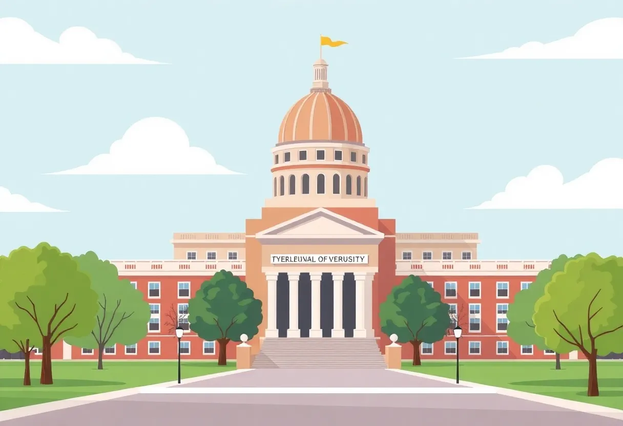 Illustration of a university campus with a federal building representing academic freedom and government influence.