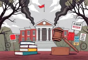 Illustration of a university campus representing academic freedom and government influence