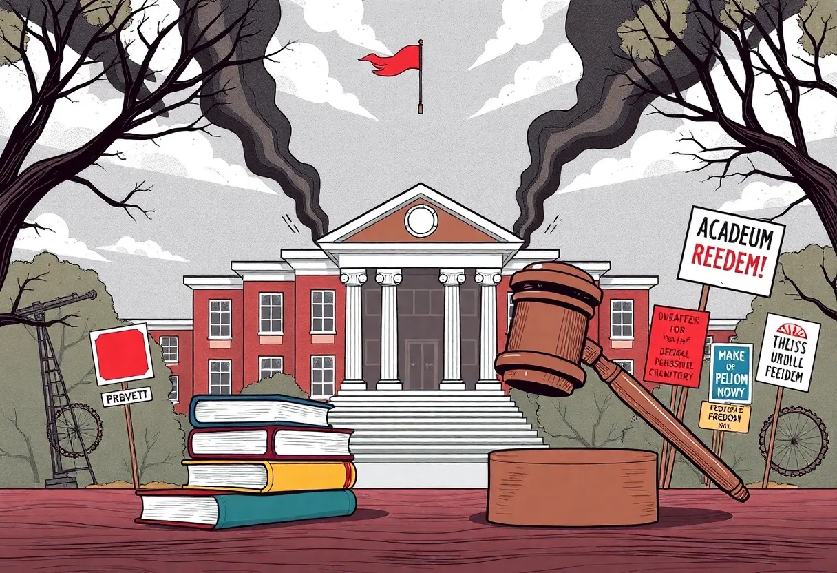 Illustration of a university campus representing academic freedom and government influence