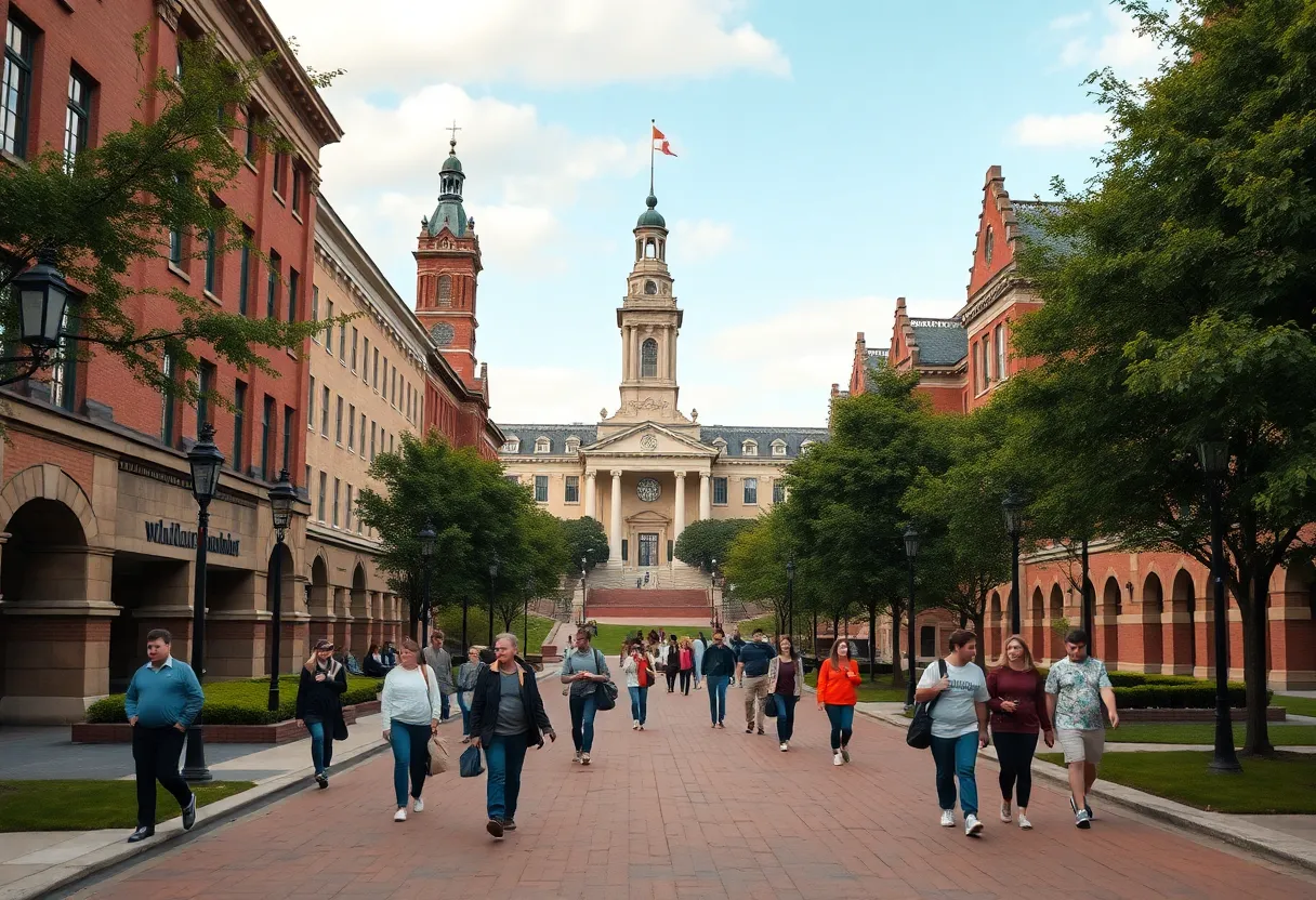 University campus road with students