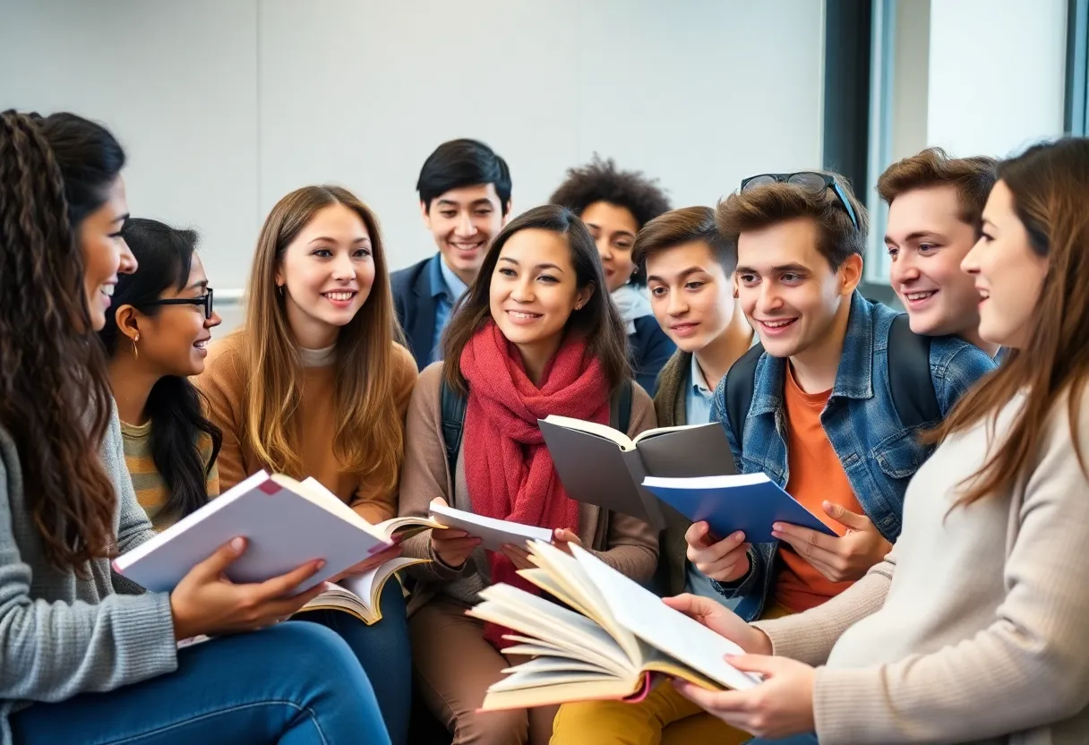 Diverse university students discussing free speech in a classroom setting