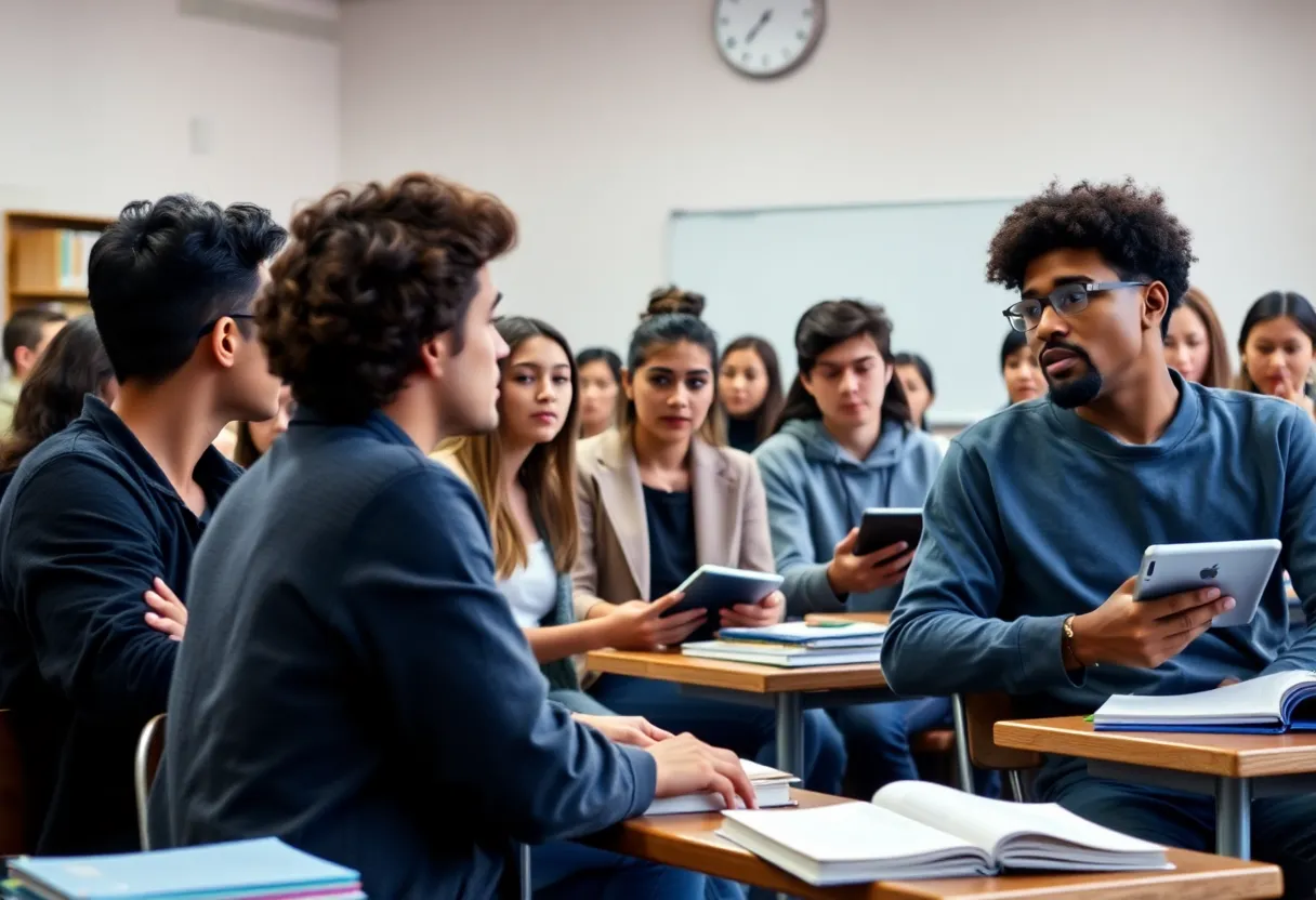 Students in a classroom setting discussing free speech.