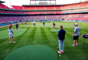 Players enjoying golf in an urban stadium setting at Petco Park.