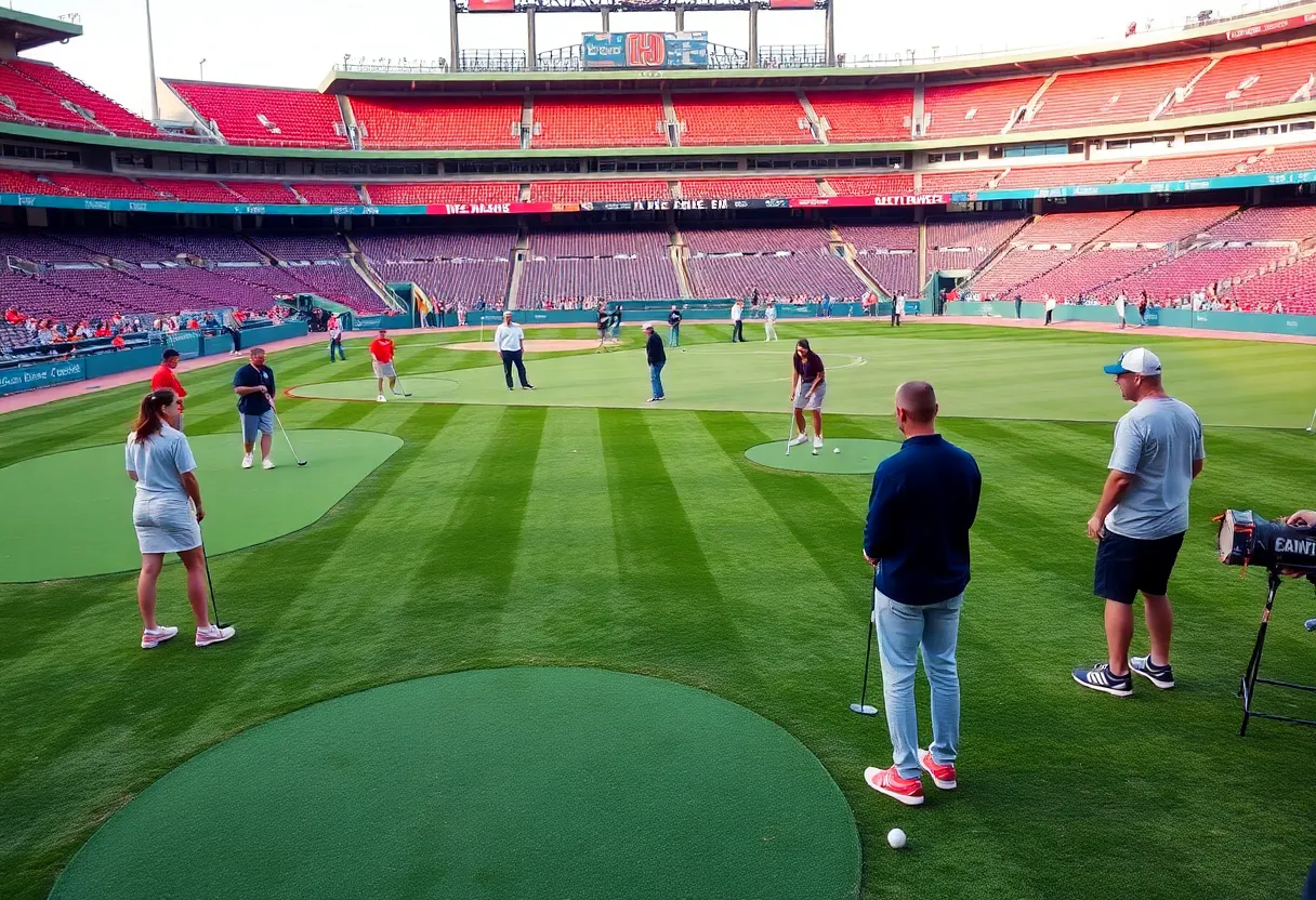 Players enjoying golf in an urban stadium setting at Petco Park.