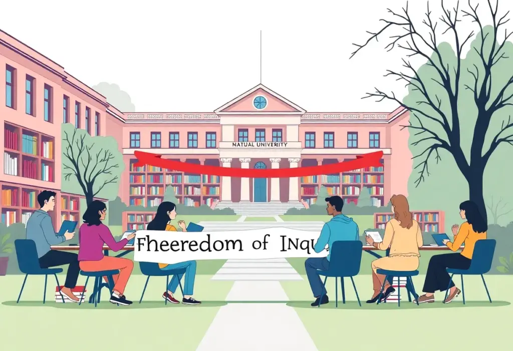 A lively university campus scene promoting academic freedom.