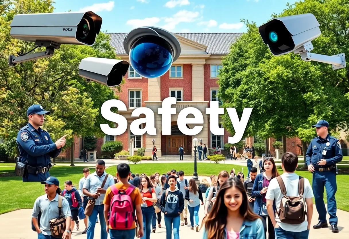 Safety measures on a university campus with students and security features.