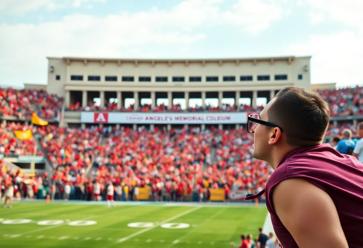 Fans at the USC Trojans game at Los Angeles Memorial Coliseum