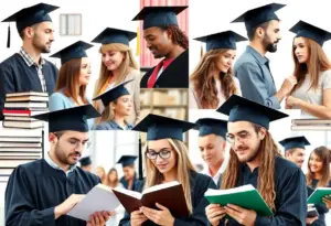 Students studying in a university environment amidst books and educational symbols.