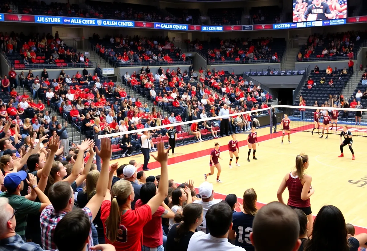 USC Women's Volleyball team in action at the Galen Center