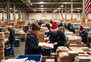 Workers at a USPS distribution center during the holiday rush.