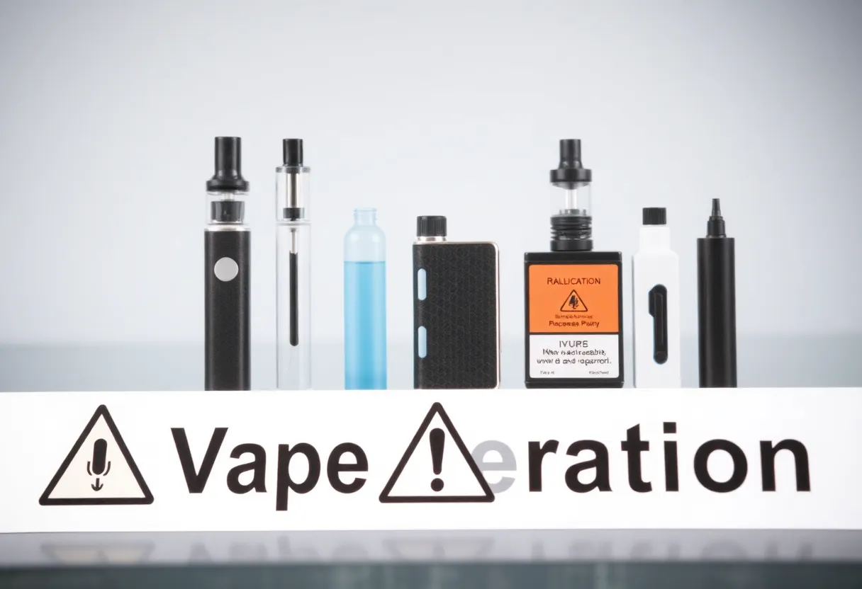 An illustration showing vape products with warning signs about regulations