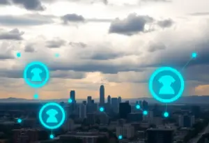 A view of Los Angeles cityscape illustrating Verizon service outages.