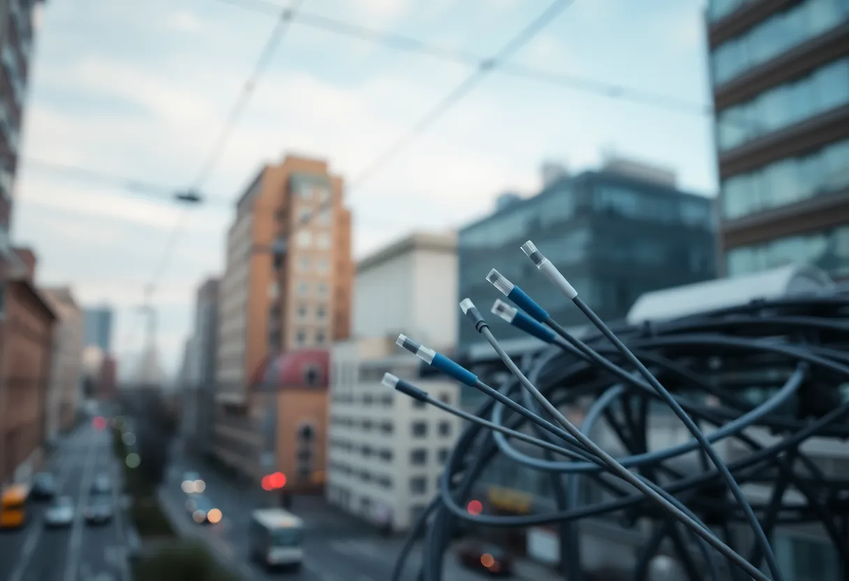 Urban infrastructure with fiber optic cables representing service disruption