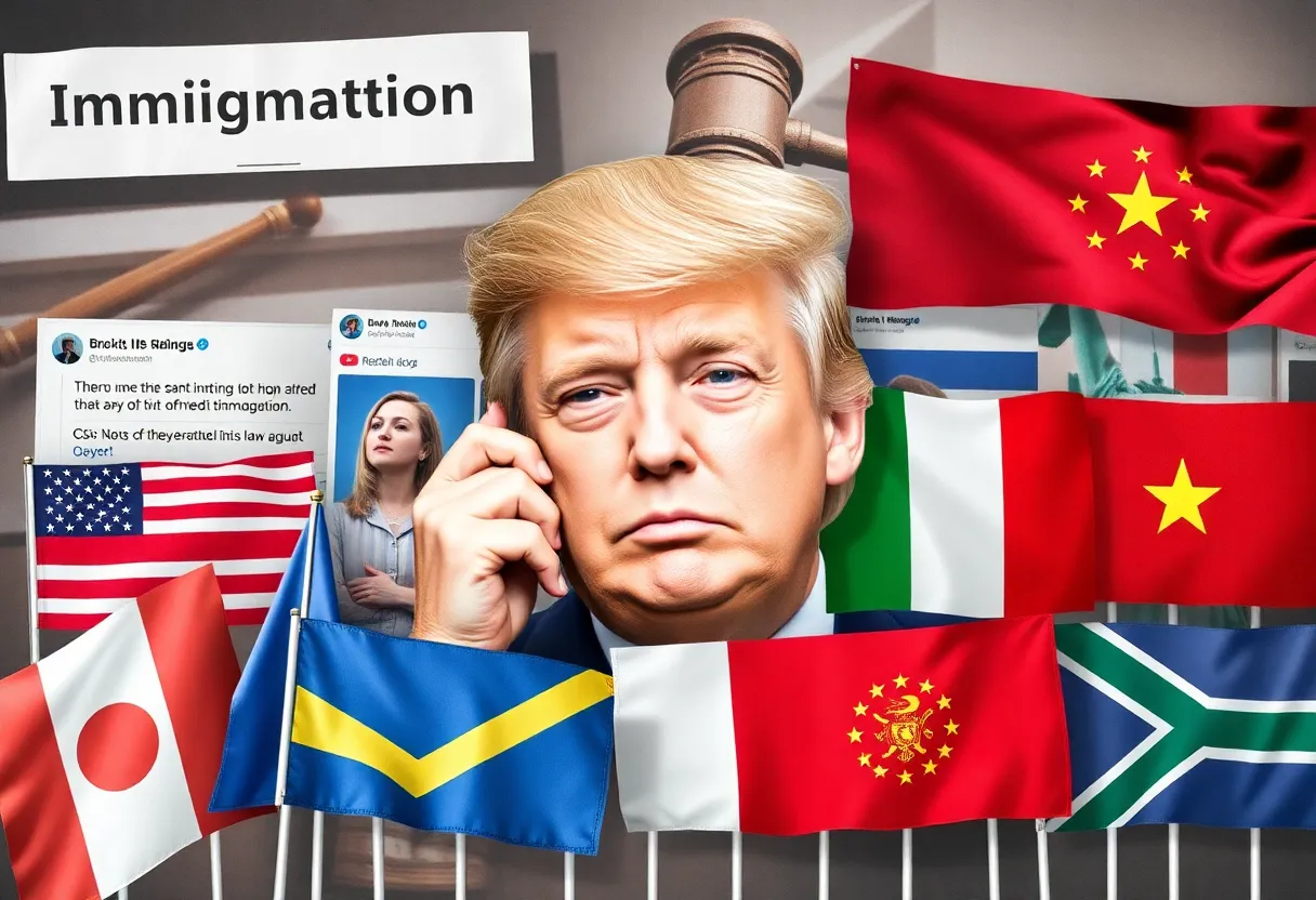Illustration of immigration and social media themes related to political dissent.