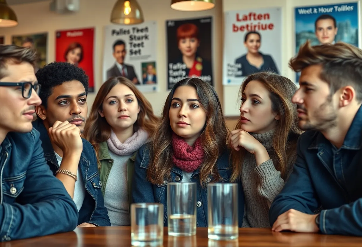Young diverse group discussing politics with concerned expressions